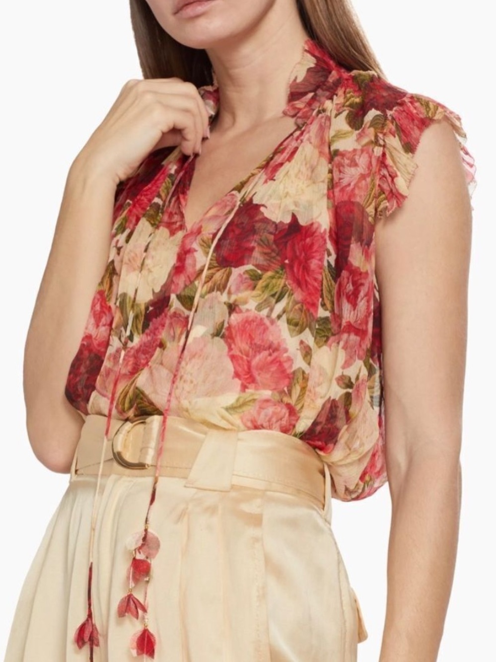 Zimmermann Silk Floral Flutter Tie-Neck Blouse w/ Matching Camisole